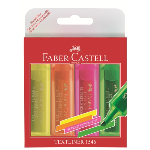 Textmarker Faber-Castell, 1-5mm, farbig sortiert, 4er Etui, 1 Stck.